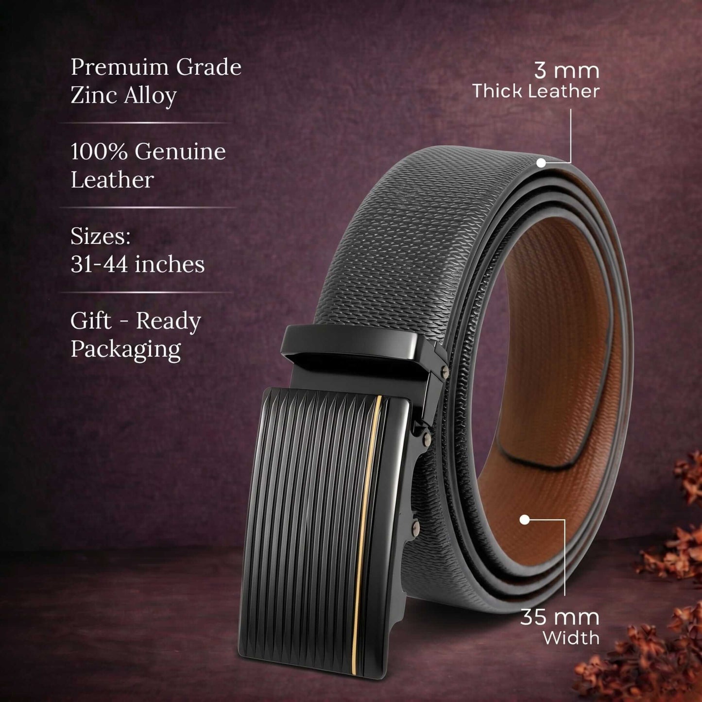 Mens 100% Genuine Leather Belt - SIGNORA Micro-Grain, DRAKO Ribbed Auto-Lock Buckle (Black & Brown Reversible) — Leather Belts for Men | THE MEN THING