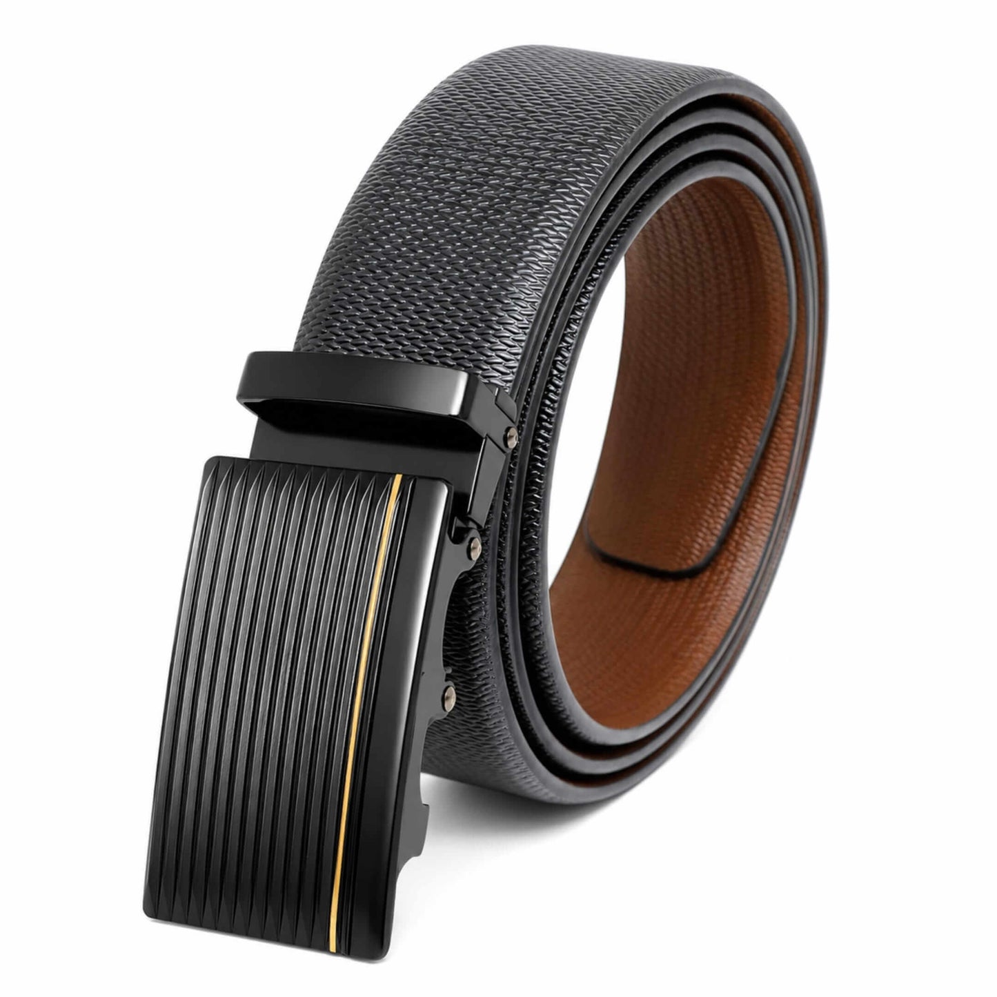 Mens 100% Genuine Leather Belt - SIGNORA Micro-Grain, DRAKO Ribbed Auto-Lock Buckle (Black & Brown Reversible) — Leather Belts for Men | THE MEN THING
