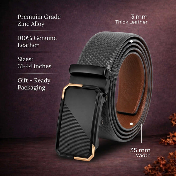 Mens 100% Genuine Leather Belt - SIGNORA Micro-Grain, BELVARO Gloss Gold-Frame Auto-Lock Buckle (Black & Brown Reversible)