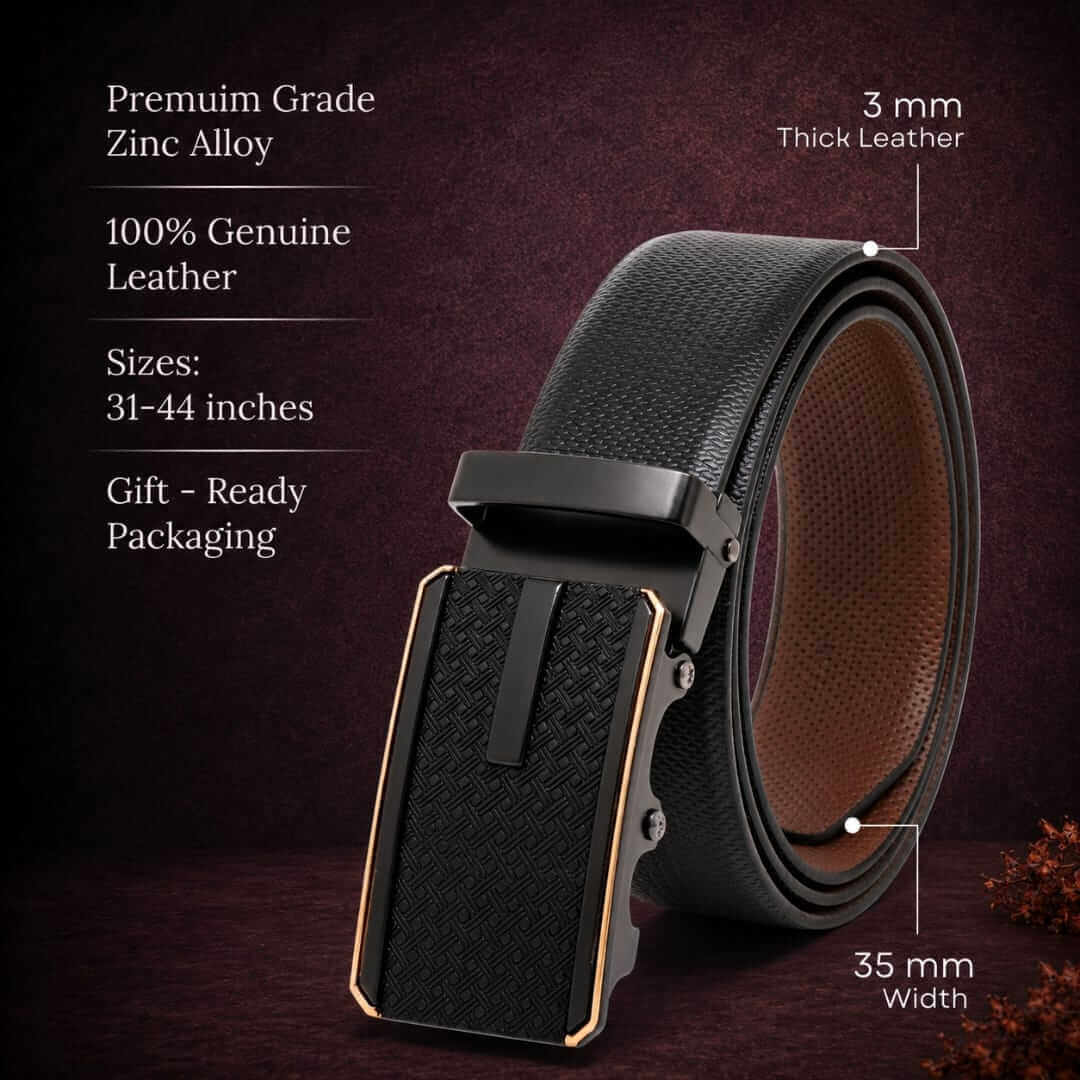 Mens 100% Genuine Leather Belt - SIGNORA Micro-Grain, KRYPT Basket-Weave Auto-Lock Buckle (Black & Brown Reversible) — Leather Belts for Men | THE MEN THING