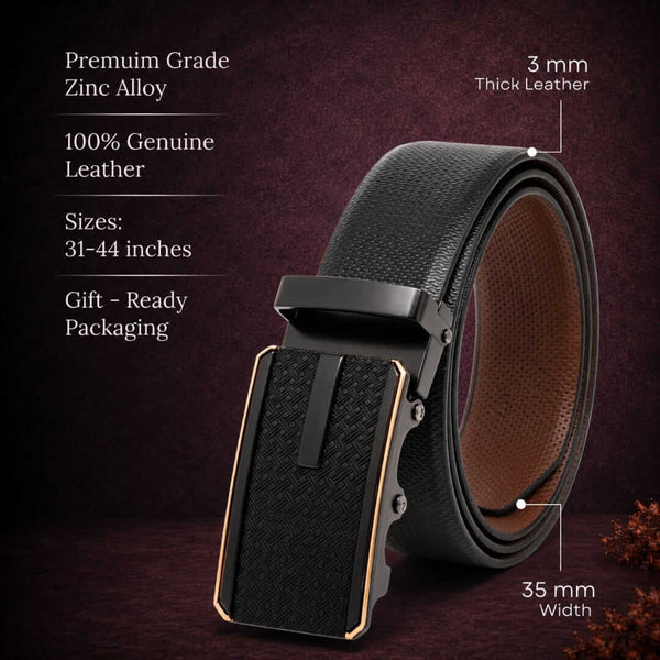 Mens 100% Genuine Leather Belt - SIGNORA Micro-Grain, KRYPT Basket-Weave Auto-Lock Buckle (Black & Brown Reversible)