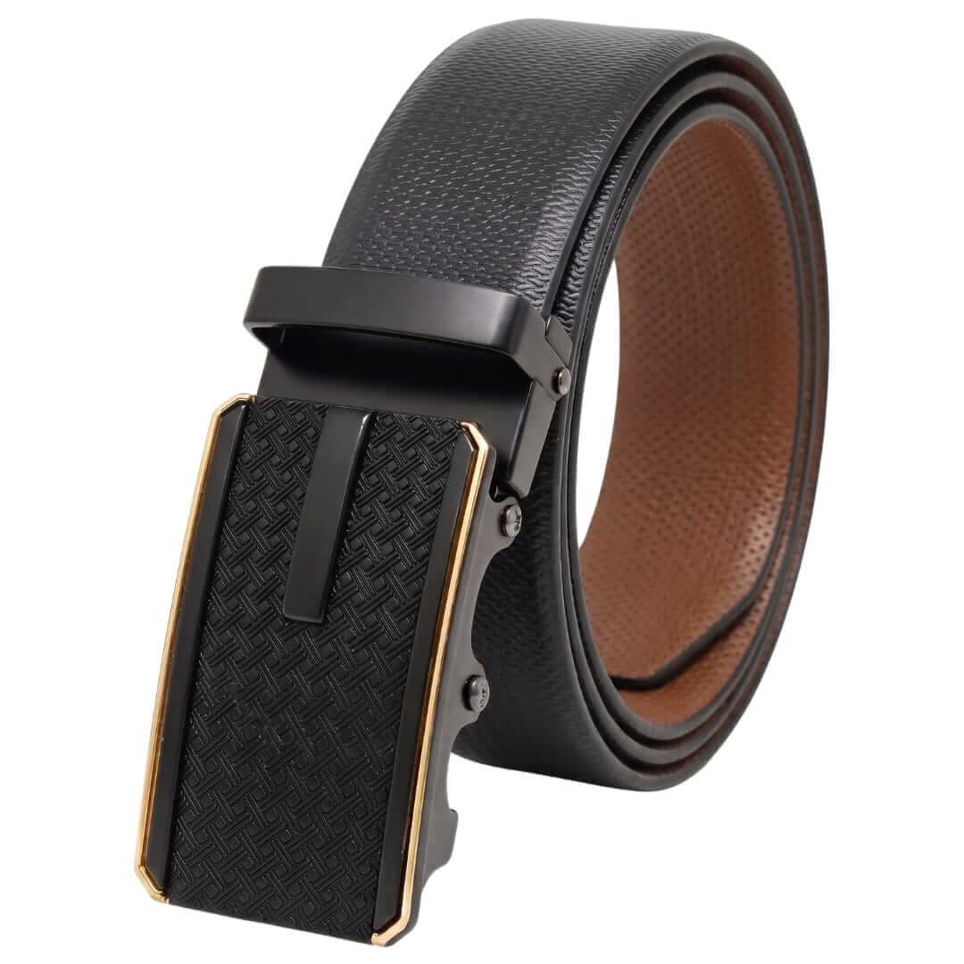 Mens 100% Genuine Leather Belt - SIGNORA Micro-Grain, KRYPT Basket-Weave Auto-Lock Buckle (Black & Brown Reversible) — Leather Belts for Men | THE MEN THING