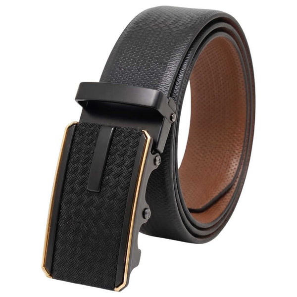 Mens 100% Genuine Leather Belt - SIGNORA Micro-Grain, KRYPT Basket-Weave Auto-Lock Buckle (Black & Brown Reversible)
