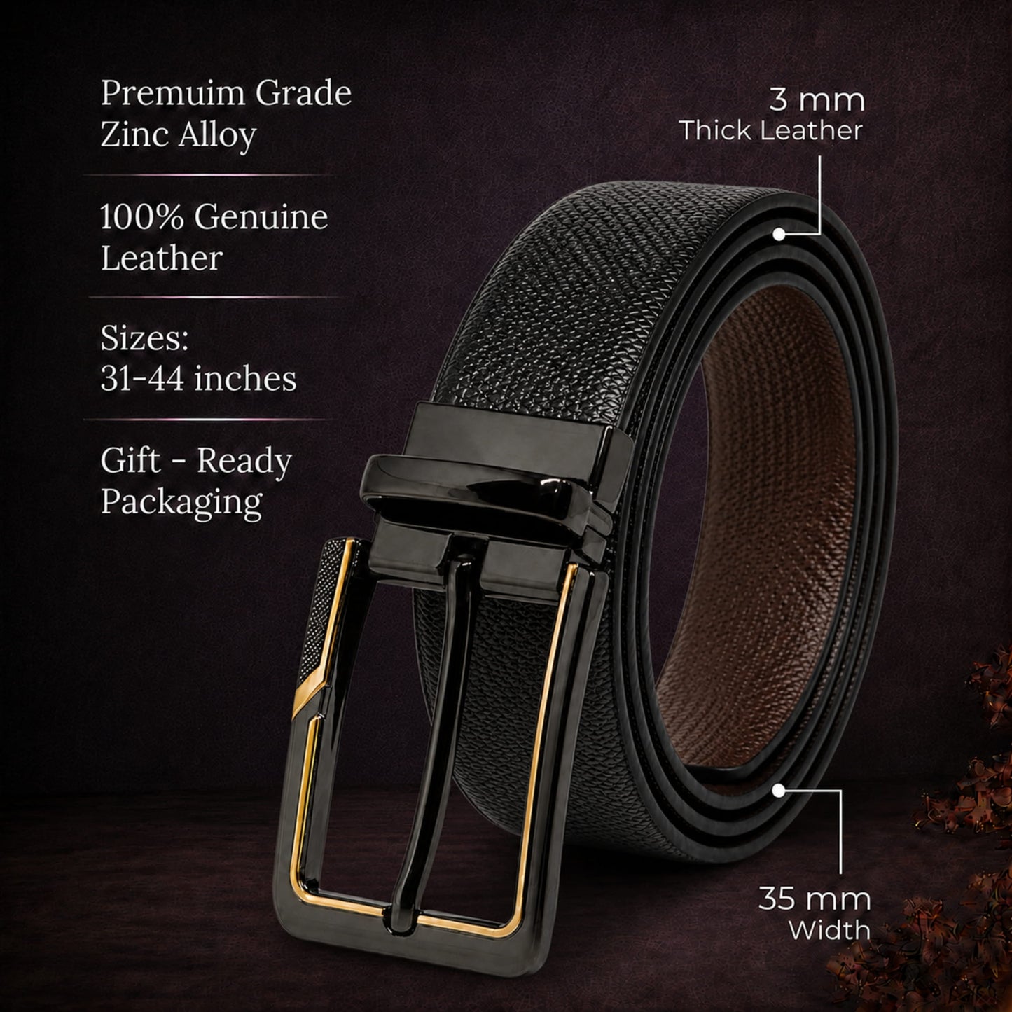 THE MEN THING Leather Belts Mens Genuine Leather Belt | 2 in 1 Reversible (Black & Brown) (1 Pc.) - SIGNORA -BRAVIX