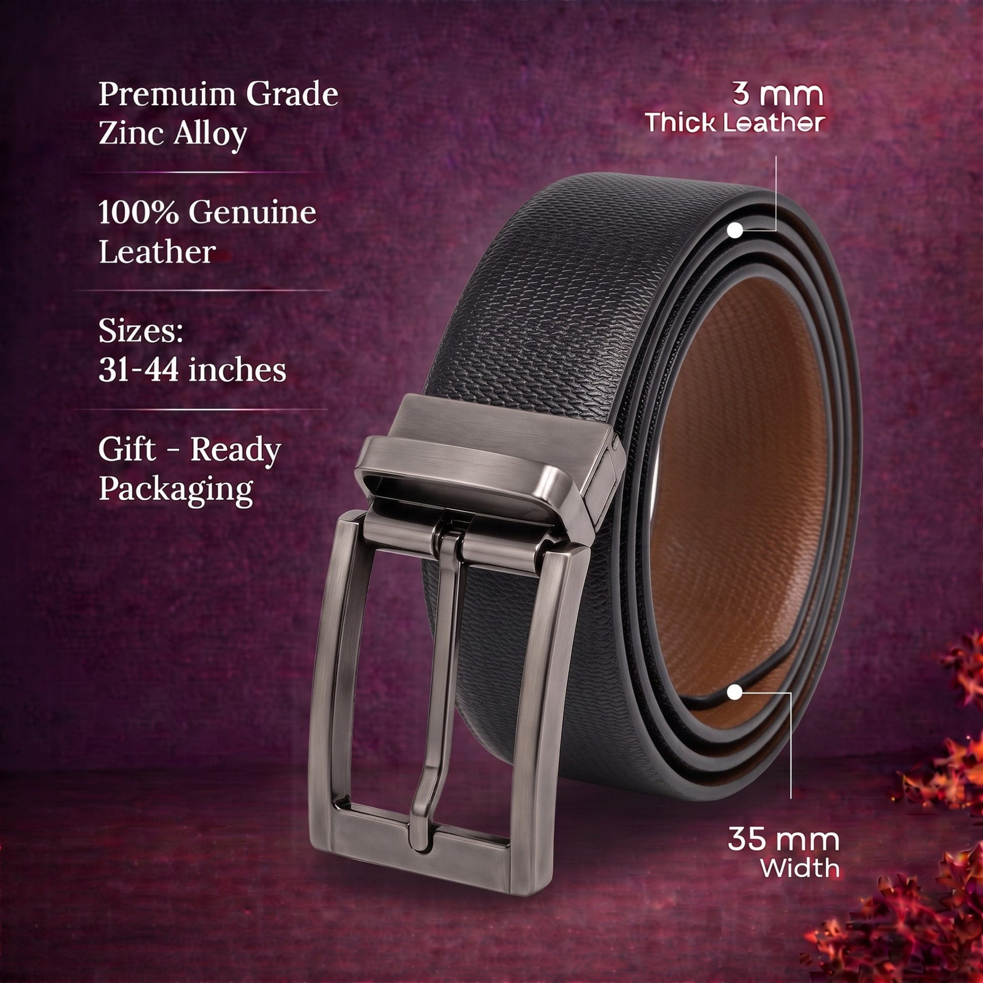 THE MEN THING Leather Belts Mens Genuine Leather Belt | 2 in 1 Reversible (Black & Brown) (1 Pc.) - SIGNORA -PIVOT