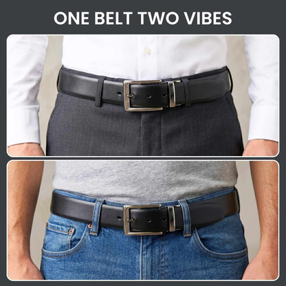Mens 100% Genuine Leather Belt - VELARO Smooth Matte, AXIOM Polished Pin Buckle (Black & Brown Reversible) — Leather Belts for Men | THE MEN THING