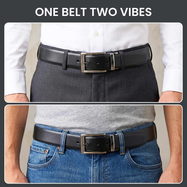 Mens 100% Genuine Leather Belt - VELARO Smooth Matte, AXIOM Polished Pin Buckle (Black & Brown Reversible)