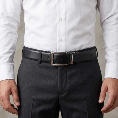 Mens 100% Genuine Leather Belt - VELARO Smooth Matte, AXIOM Polished Pin Buckle (Black & Brown Reversible) — Leather Belts for Men | THE MEN THING