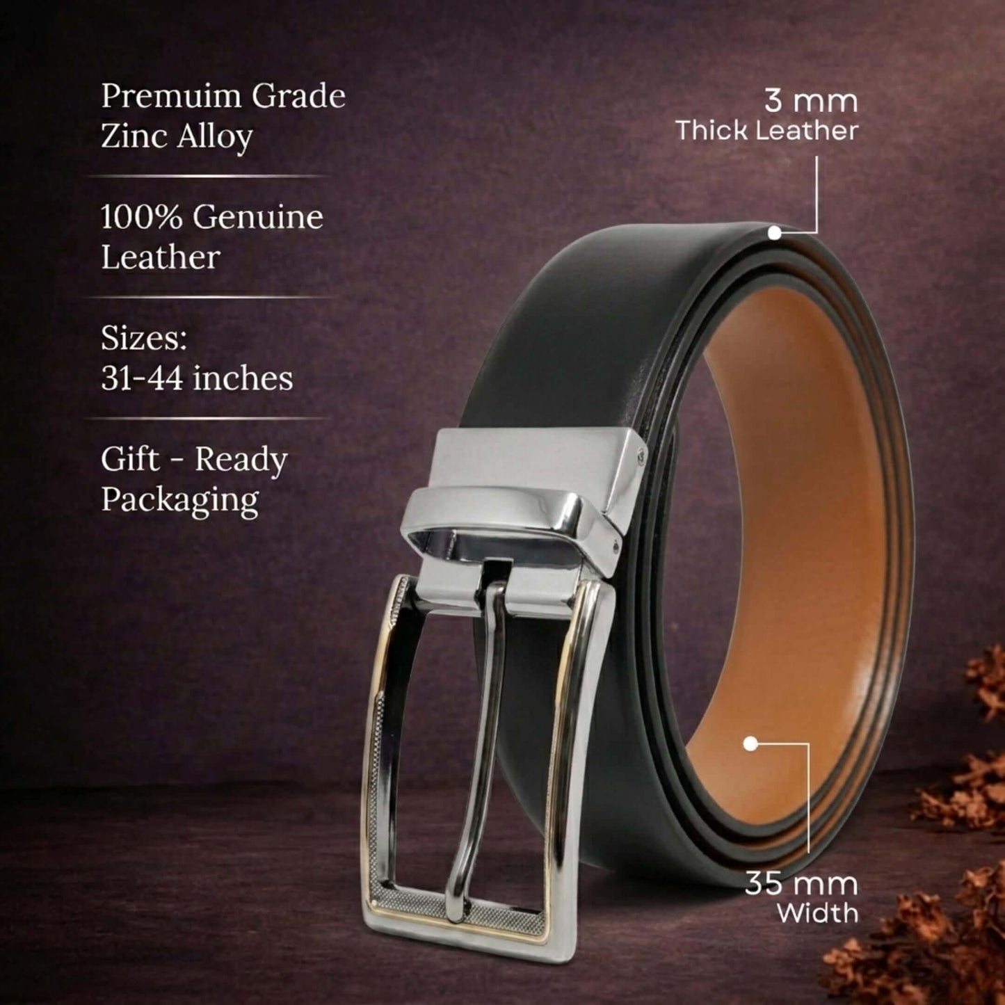 Mens 100% Genuine Leather Belt - VELARO Smooth Matte, AXIOM Polished Pin Buckle (Black & Brown Reversible) — Leather Belts for Men | THE MEN THING