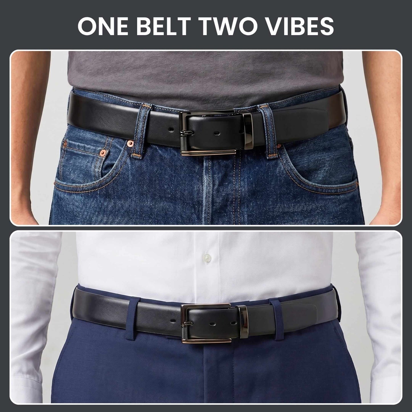 Mens 100% Genuine Leather Belt - VELARO Smooth Matte, TORIX Brushed Bronze Pin Buckle (Black & Brown Reversible) — Leather Belts for Men | THE MEN THING