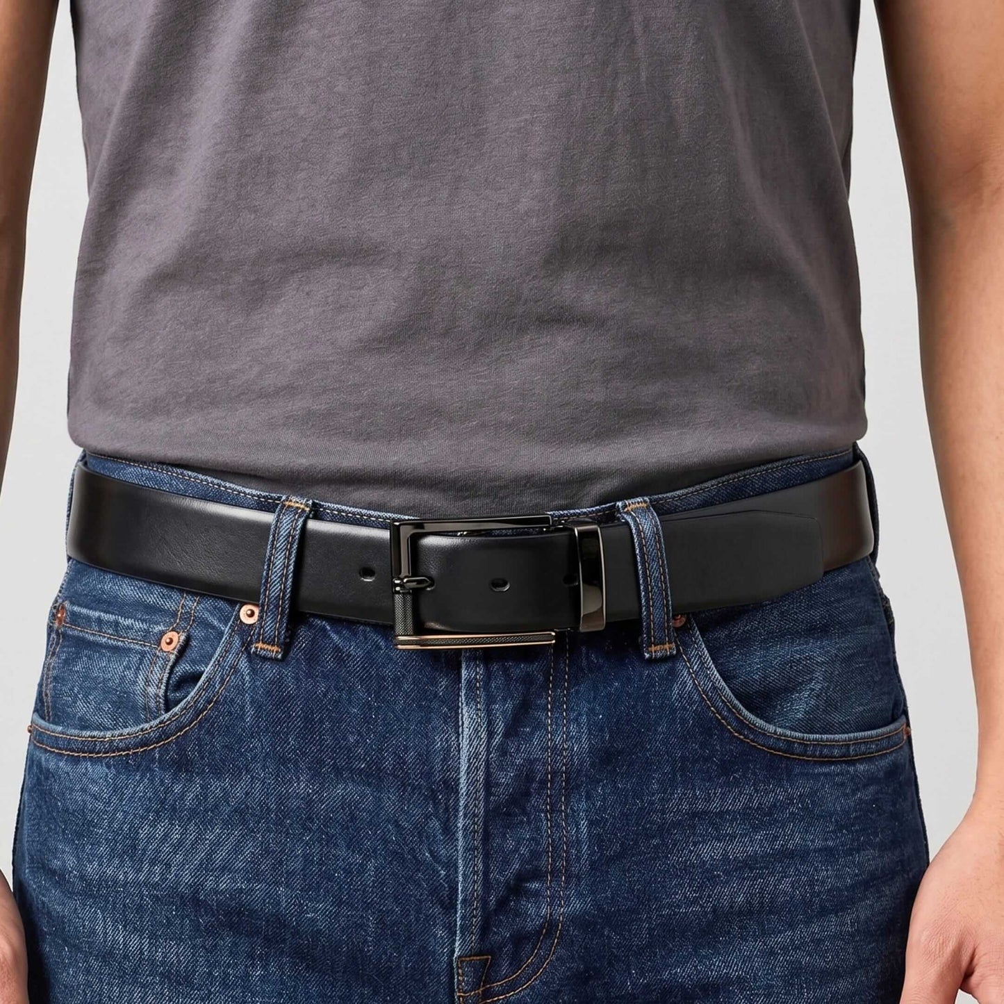 Mens 100% Genuine Leather Belt - VELARO Smooth Matte, TORIX Brushed Bronze Pin Buckle (Black & Brown Reversible) — Leather Belts for Men | THE MEN THING