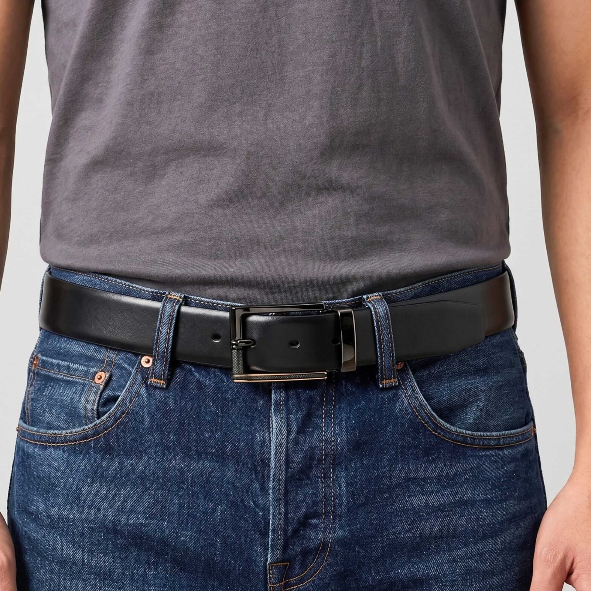 Mens 100% Genuine Leather Belt - VELARO Smooth Matte, TORIX Brushed Bronze Pin Buckle (Black & Brown Reversible) — Leather Belts for Men | THE MEN THING
