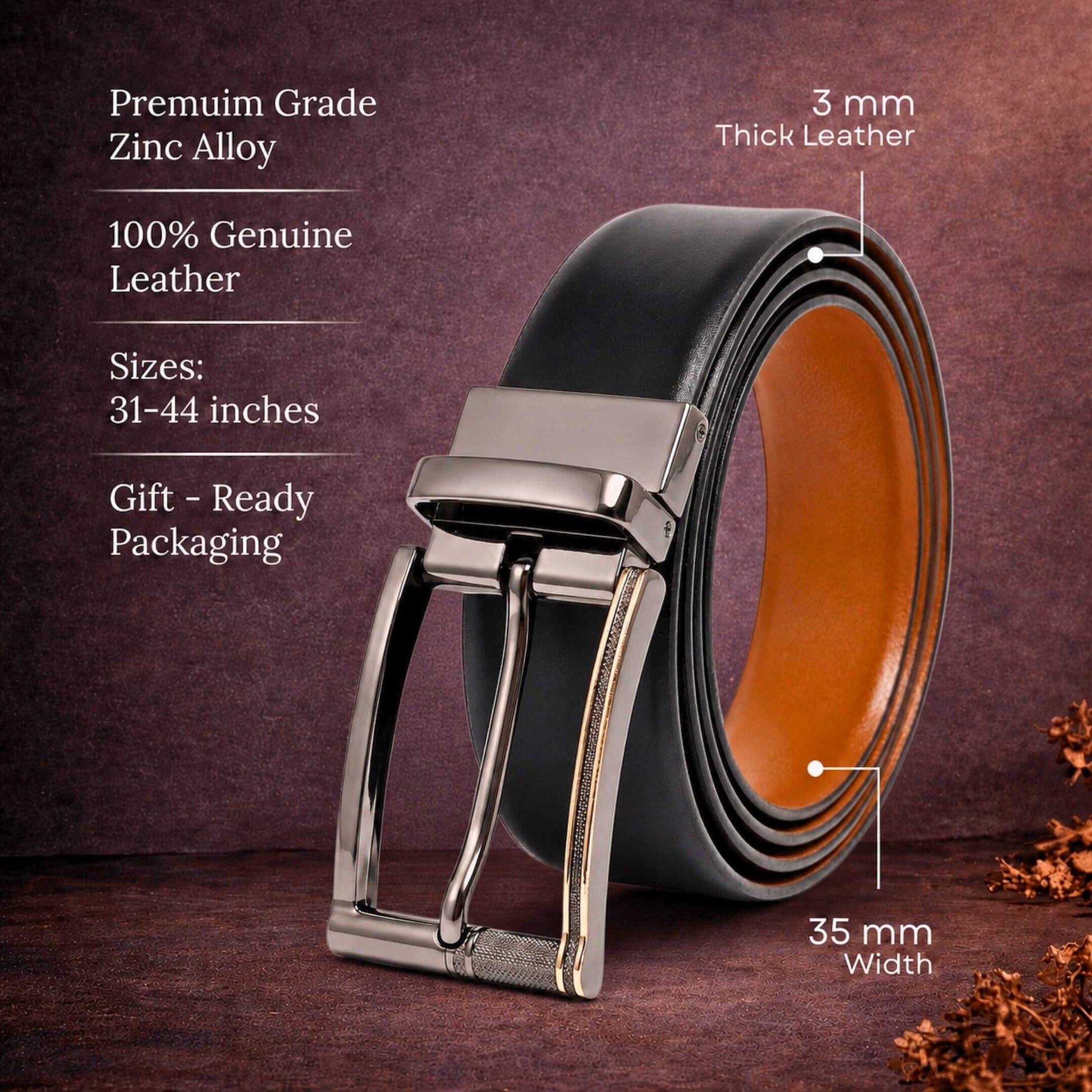 Mens 100% Genuine Leather Belt - VELARO Smooth Matte, TORIX Brushed Bronze Pin Buckle (Black & Brown Reversible) — Leather Belts for Men | THE MEN THING