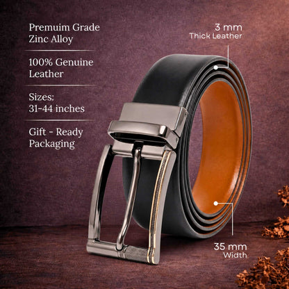 Mens 100% Genuine Leather Belt - VELARO Smooth Matte, TORIX Brushed Bronze Pin Buckle (Black & Brown Reversible) — Leather Belts for Men | THE MEN THING