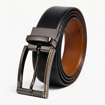 Mens 100% Genuine Leather Belt - VELARO Smooth Matte, TORIX Brushed Bronze Pin Buckle (Black & Brown Reversible) — Leather Belts for Men | THE MEN THING