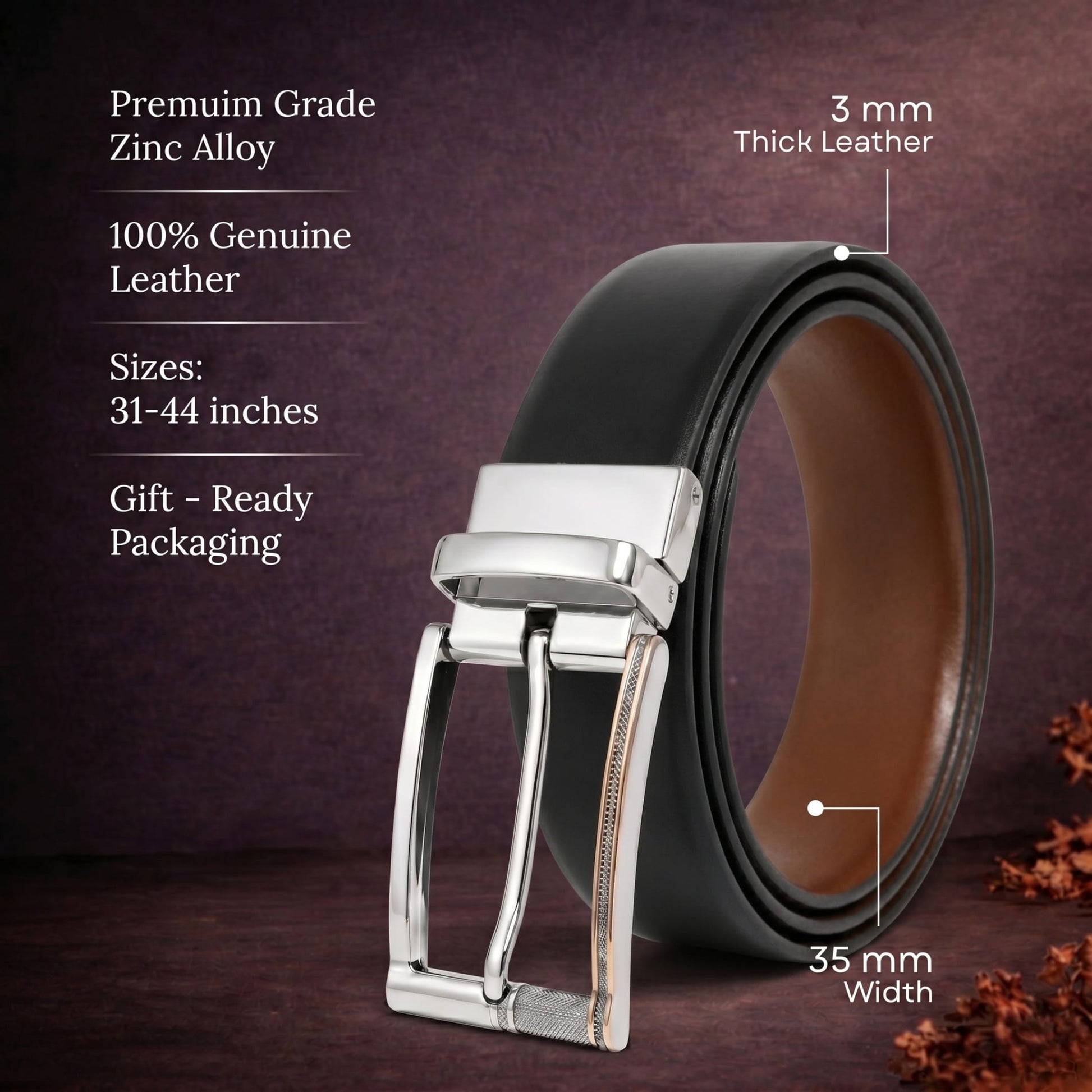 THE MEN THING Leather Belts Mens Genuine Leather Belt | 2 in 1 Reversible (Black & Brown) (1 Pc.) - Velaro