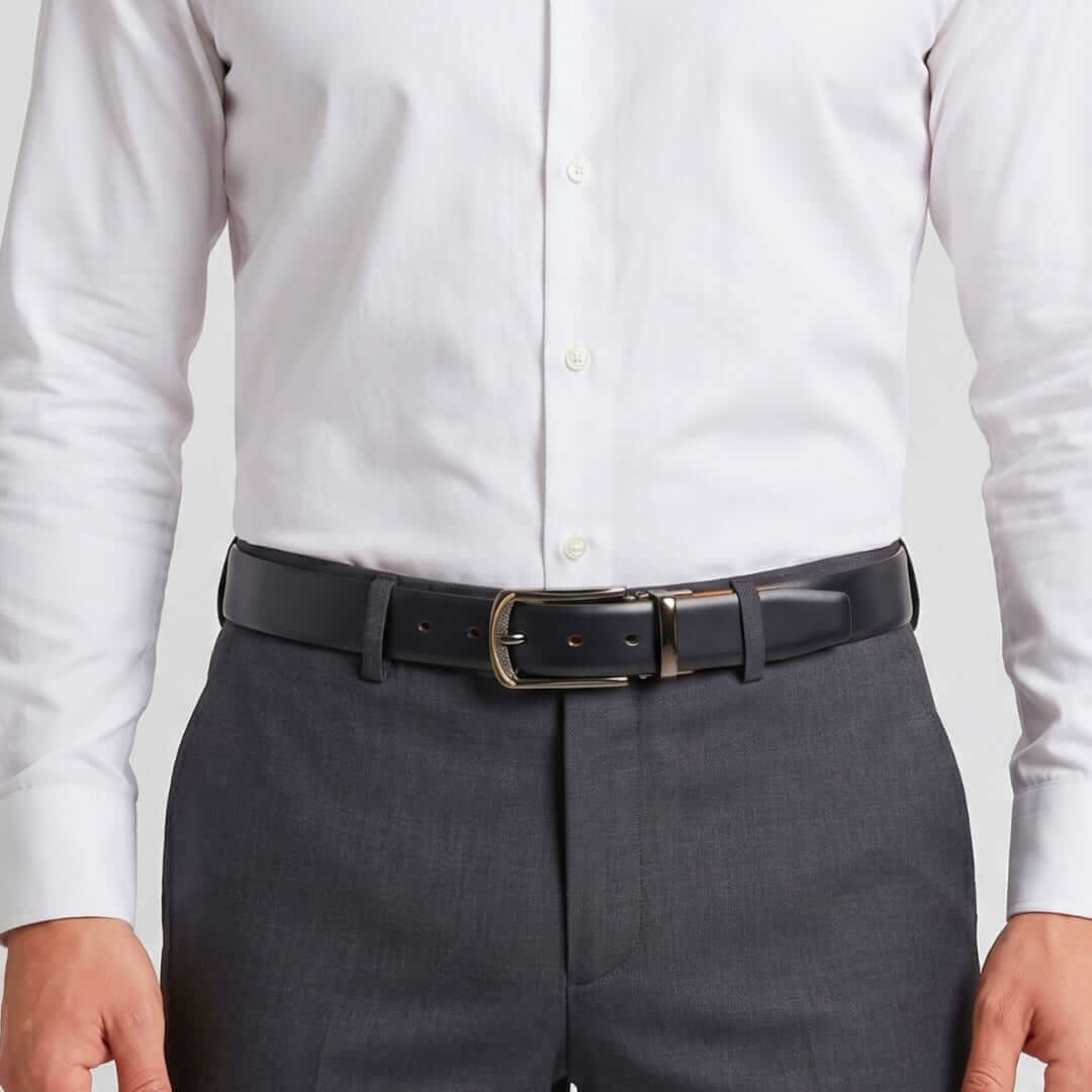 Mens 100% Genuine Leather Belt - VELARO Smooth Matte, ARQON Gold-Trim Gunmetal Pin Buckle (Black & Brown Reversible) — Leather Belts for Men | THE MEN THING