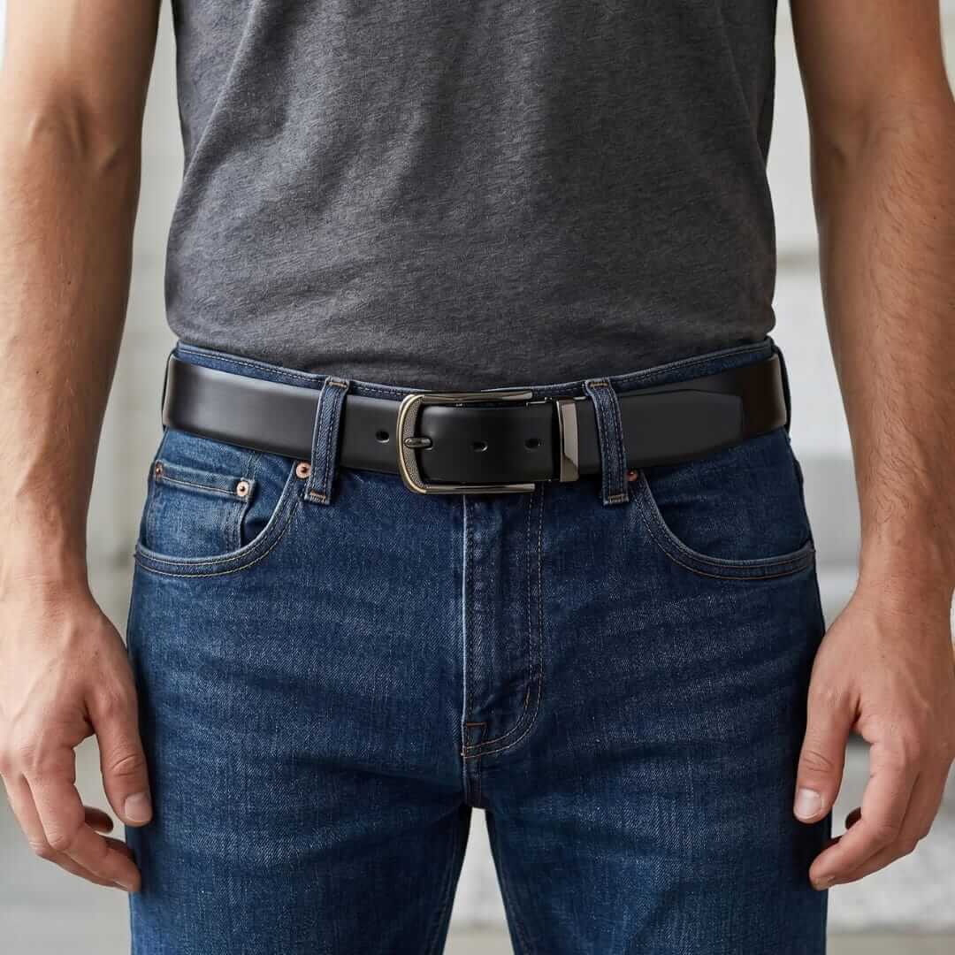 Mens 100% Genuine Leather Belt - VELARO Smooth Matte, ARQON Gold-Trim Gunmetal Pin Buckle (Black & Brown Reversible) — Leather Belts for Men | THE MEN THING