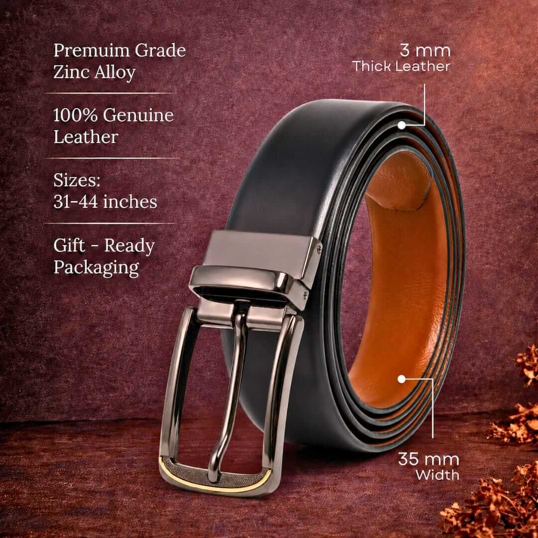 Mens 100% Genuine Leather Belt - VELARO Smooth Matte, ARQON Gold-Trim Gunmetal Pin Buckle (Black & Brown Reversible) — Leather Belts for Men | THE MEN THING
