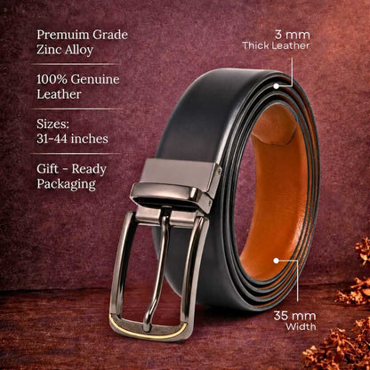 Mens 100% Genuine Leather Belt - VELARO Smooth Matte, ARQON Gold-Trim Gunmetal Pin Buckle (Black & Brown Reversible) — Leather Belts for Men | THE MEN THING