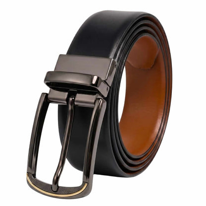 Mens 100% Genuine Leather Belt - VELARO Smooth Matte, ARQON Gold-Trim Gunmetal Pin Buckle (Black & Brown Reversible) — Leather Belts for Men | THE MEN THING