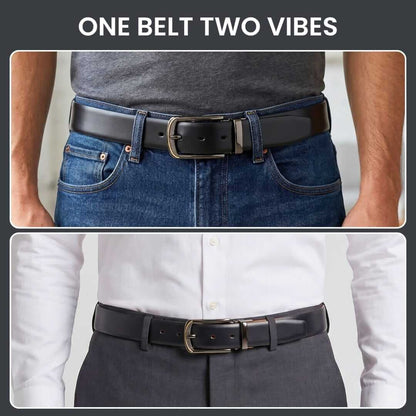 Mens 100% Genuine Leather Belt - VELARO Smooth Matte, ARQON Gold-Trim Gunmetal Pin Buckle (Black & Brown Reversible) — Leather Belts for Men | THE MEN THING