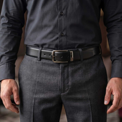 Mens 100% Genuine Leather Belt - VELARO Smooth Matte, MORVEX Matte Gunmetal Pin Buckle (Black & Brown Reversible) — Leather Belts for Men | THE MEN THING