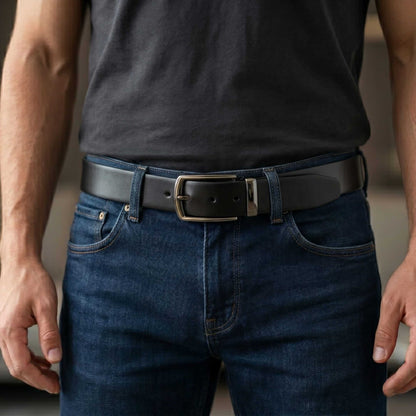 Mens 100% Genuine Leather Belt - VELARO Smooth Matte, MORVEX Matte Gunmetal Pin Buckle (Black & Brown Reversible) — Leather Belts for Men | THE MEN THING
