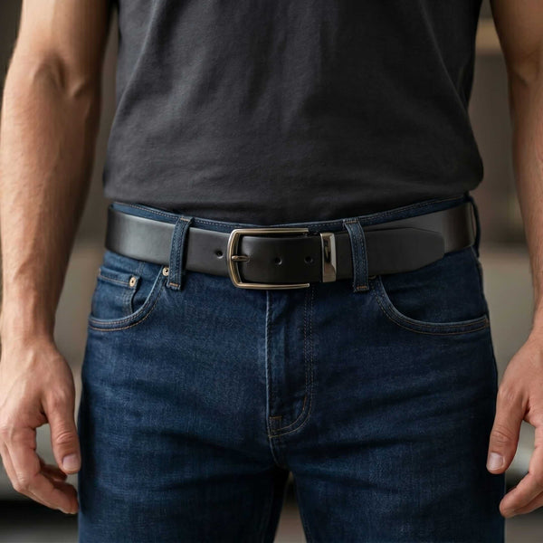 Mens 100% Genuine Leather Belt - VELARO Smooth Matte, MORVEX Matte Gunmetal Pin Buckle (Black & Brown Reversible)