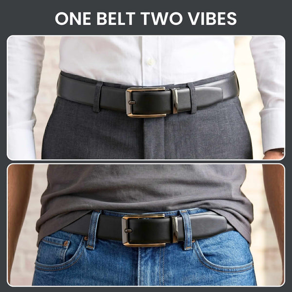 Mens 100% Genuine Leather Belt - VELARO Smooth Matte, TORVIK Gold-Border Gunmetal Pin Buckle (Black & Brown Reversible)