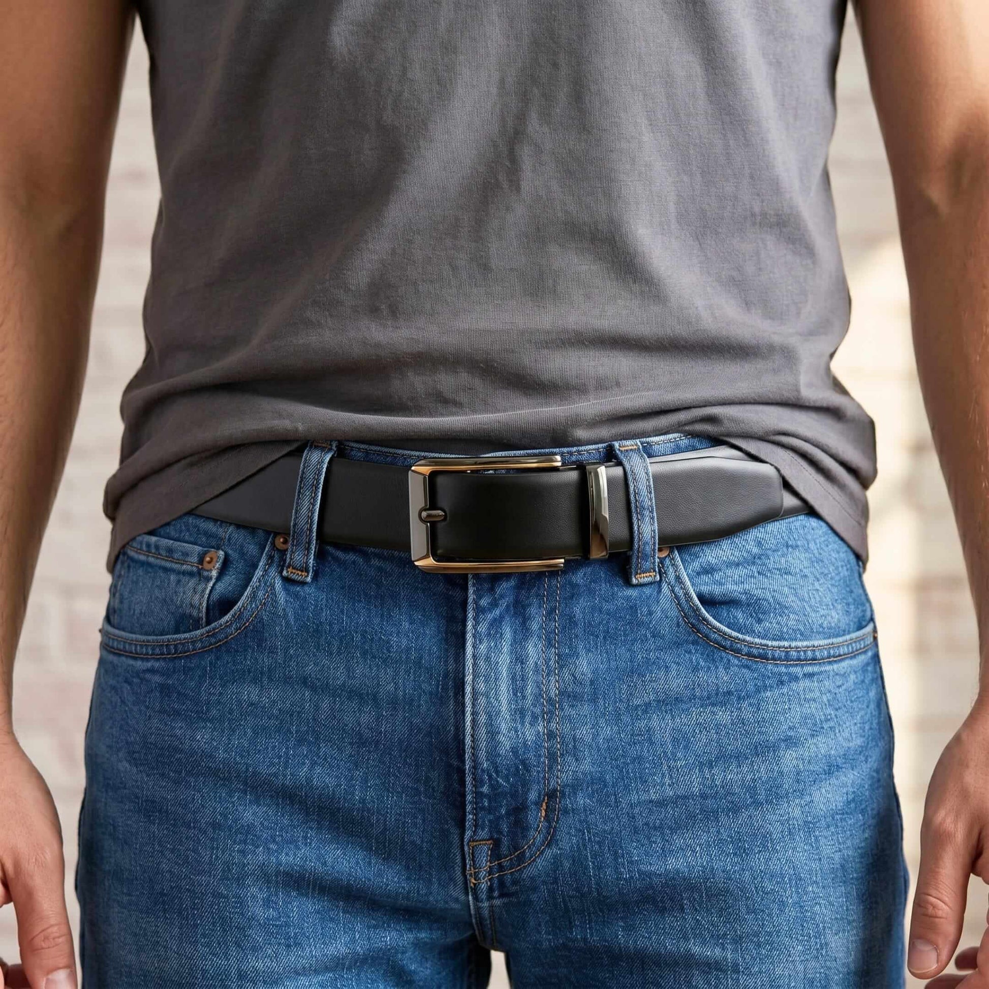 Mens 100% Genuine Leather Belt - VELARO Smooth Matte, TORVIK Gold-Border Gunmetal Pin Buckle (Black & Brown Reversible) — Leather Belts for Men | THE MEN THING