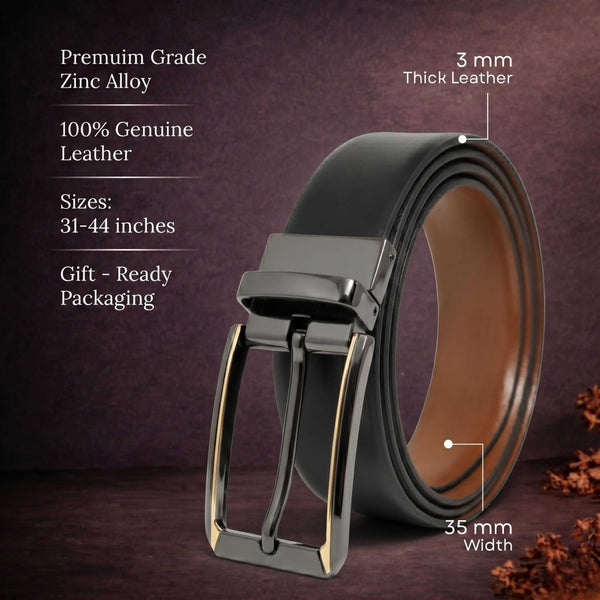 Mens 100% Genuine Leather Belt - VELARO Smooth Matte, TORVIK Gold-Border Gunmetal Pin Buckle (Black & Brown Reversible)
