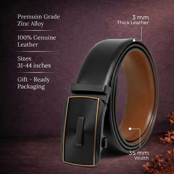 Mens 100% Genuine Leather Belt - VELARO Smooth Matte, SNAPTOR Gold-Bar Auto-Lock Buckle (Black & Brown Reversible)