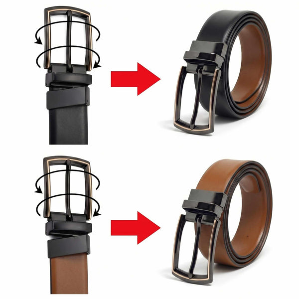 Mens 100% Genuine Leather Belt - VELARO Smooth Matte, LATCHIX Slim Gunmetal Pin Buckle (Black & Brown Reversible)