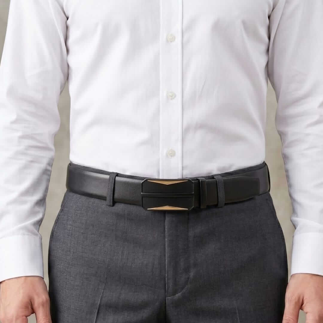 Mens 100% Genuine Leather Belt - VELARO Smooth Matte, RATCHOR Gold-Accent Auto-Lock Buckle (Black & Brown Reversible) — Leather Belts for Men | THE MEN THING