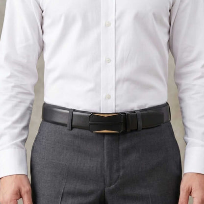 Mens 100% Genuine Leather Belt - VELARO Smooth Matte, RATCHOR Gold-Accent Auto-Lock Buckle (Black & Brown Reversible) — Leather Belts for Men | THE MEN THING