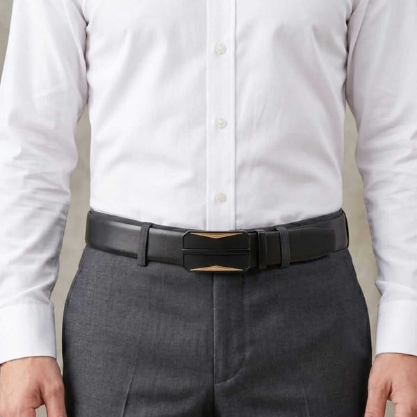 Mens 100% Genuine Leather Belt - VELARO Smooth Matte, RATCHOR Gold-Accent Auto-Lock Buckle (Black & Brown Reversible)