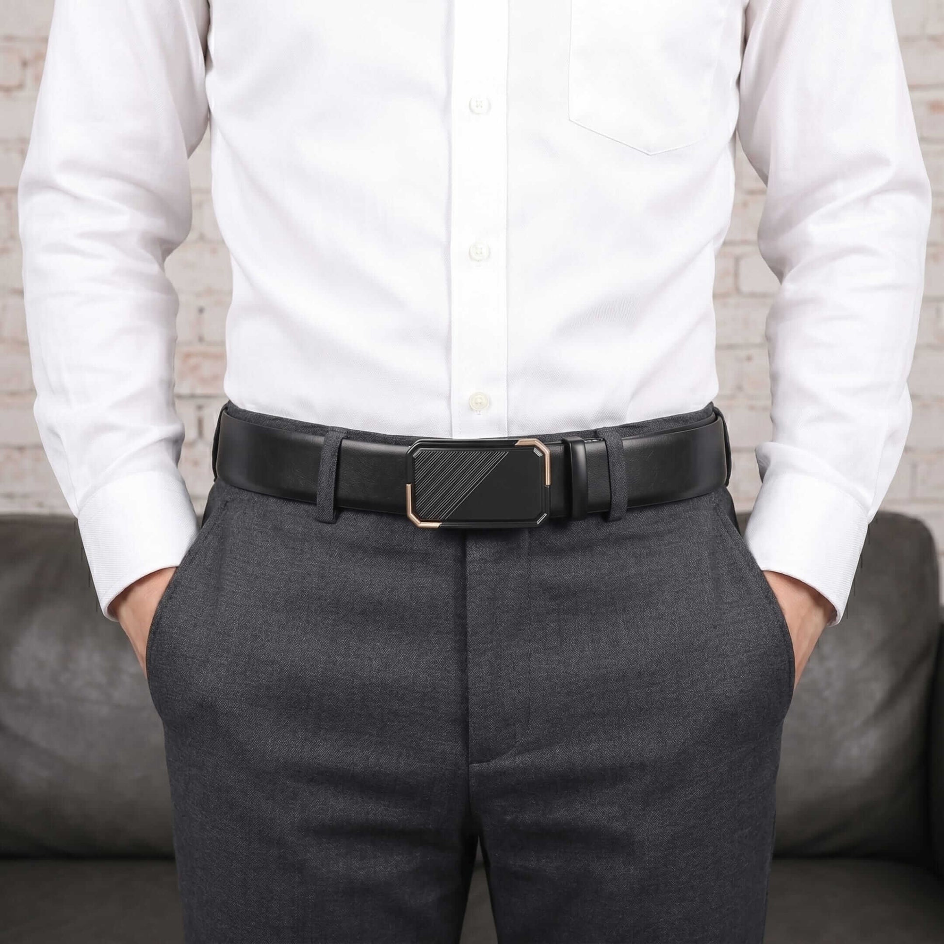 Mens 100% Genuine Leather Belt - VELARO Smooth Matte, BELVARO Gloss Gold-Frame Auto-Lock Buckle (Black & Brown Reversible) — Leather Belts for Men | THE MEN THING