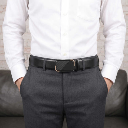 Mens 100% Genuine Leather Belt - VELARO Smooth Matte, BELVARO Gloss Gold-Frame Auto-Lock Buckle (Black & Brown Reversible) — Leather Belts for Men | THE MEN THING