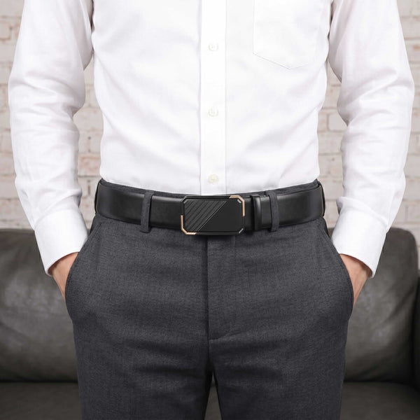 Mens 100% Genuine Leather Belt - VELARO Smooth Matte, BELVARO Gloss Gold-Frame Auto-Lock Buckle (Black & Brown Reversible)