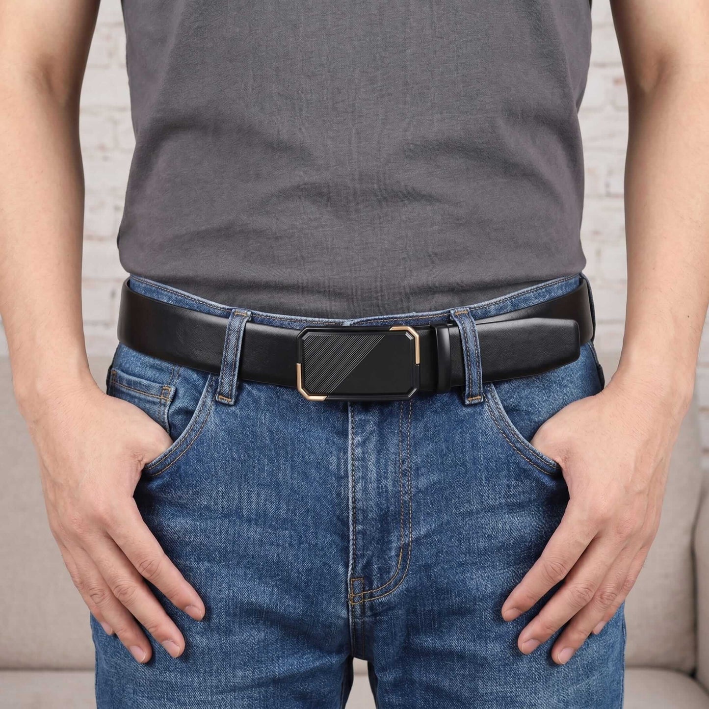 Mens 100% Genuine Leather Belt - VELARO Smooth Matte, BELVARO Gloss Gold-Frame Auto-Lock Buckle (Black & Brown Reversible) — Leather Belts for Men | THE MEN THING