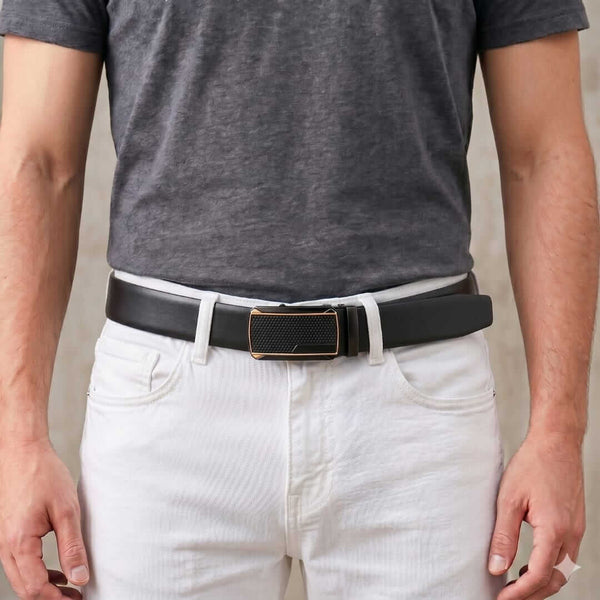 Mens 100% Genuine Leather Belt - VELARO Smooth Matte, KINGVAR Carbon-Texture Auto-Lock Buckle (Black & Brown Reversible)