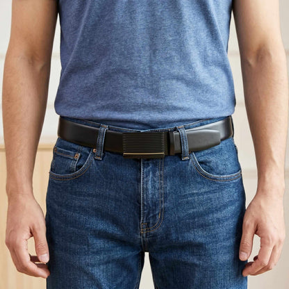 Mens 100% Genuine Leather Belt - VELARO Smooth Matte, DRAKO Ribbed Auto-Lock Buckle (Black & Brown Reversible) — Leather Belts for Men | THE MEN THING
