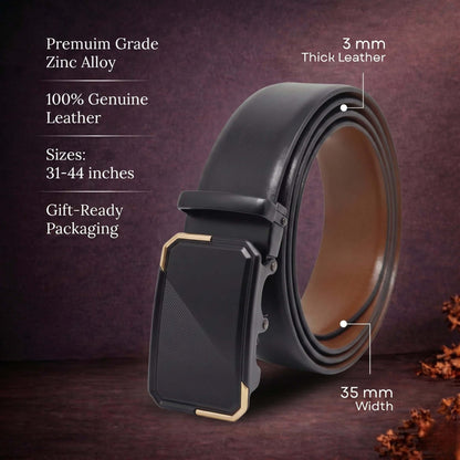Mens 100% Genuine Leather Belt - VELARO Smooth Matte, BELVARO Gloss Gold-Frame Auto-Lock Buckle (Black & Brown Reversible) — Leather Belts for Men | THE MEN THING