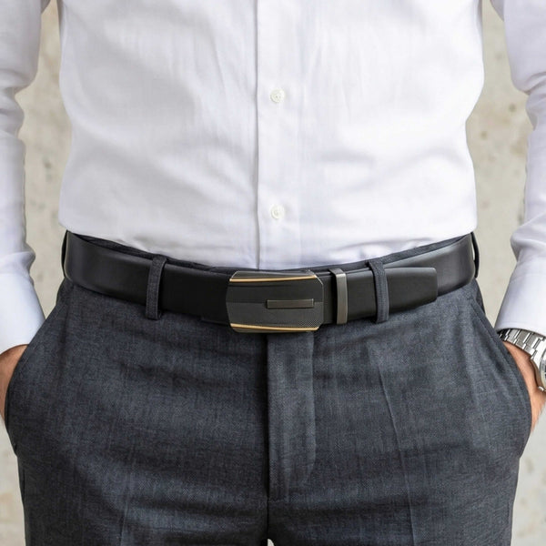 Mens 100% Genuine Leather Belt - VELARO Smooth Matte, REGALIX Textured Auto-Lock Buckle (Black & Brown Reversible)