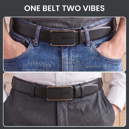 Mens 100% Genuine Leather Belt - VELARO Smooth Matte, KRYPT Basket-Weave Auto-Lock Buckle (Black & Brown Reversible) — Leather Belts for Men | THE MEN THING