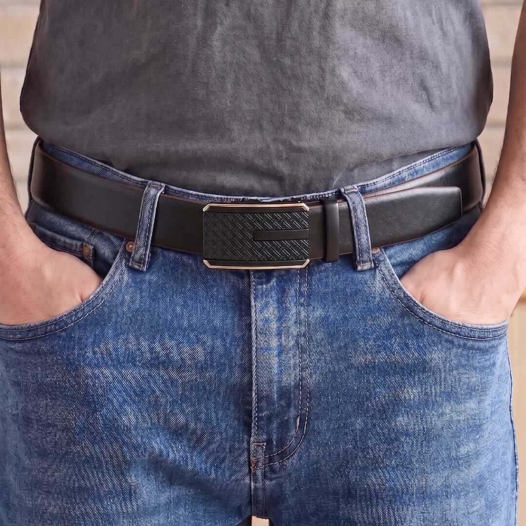 Mens 100% Genuine Leather Belt - VELARO Smooth Matte, KRYPT Basket-Weave Auto-Lock Buckle (Black & Brown Reversible) — Leather Belts for Men | THE MEN THING