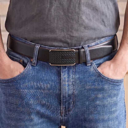 Mens 100% Genuine Leather Belt - VELARO Smooth Matte, KRYPT Basket-Weave Auto-Lock Buckle (Black & Brown Reversible) — Leather Belts for Men | THE MEN THING