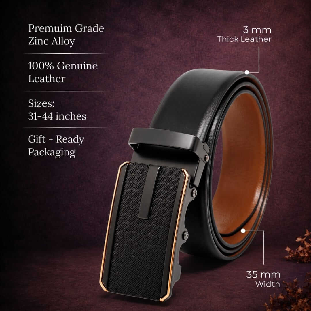 Mens 100% Genuine Leather Belt - VELARO Smooth Matte, KRYPT Basket-Weave Auto-Lock Buckle (Black & Brown Reversible) — Leather Belts for Men | THE MEN THING