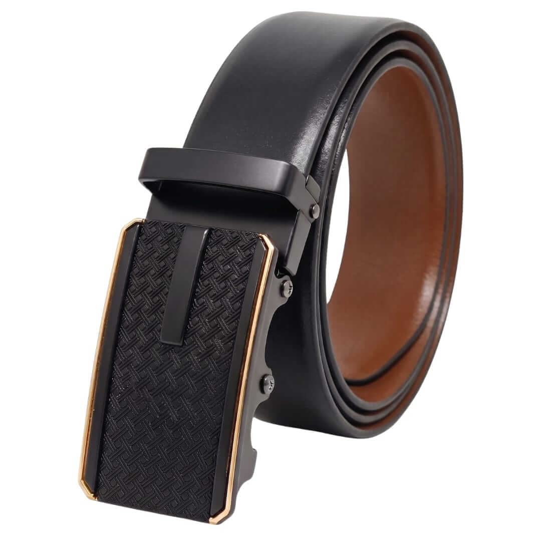 Mens 100% Genuine Leather Belt - VELARO Smooth Matte, KRYPT Basket-Weave Auto-Lock Buckle (Black & Brown Reversible) — Leather Belts for Men | THE MEN THING
